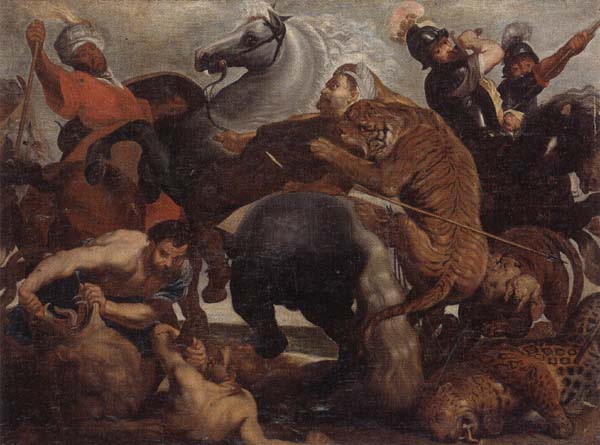 unknow artist A lion,tiger and leopard hunt